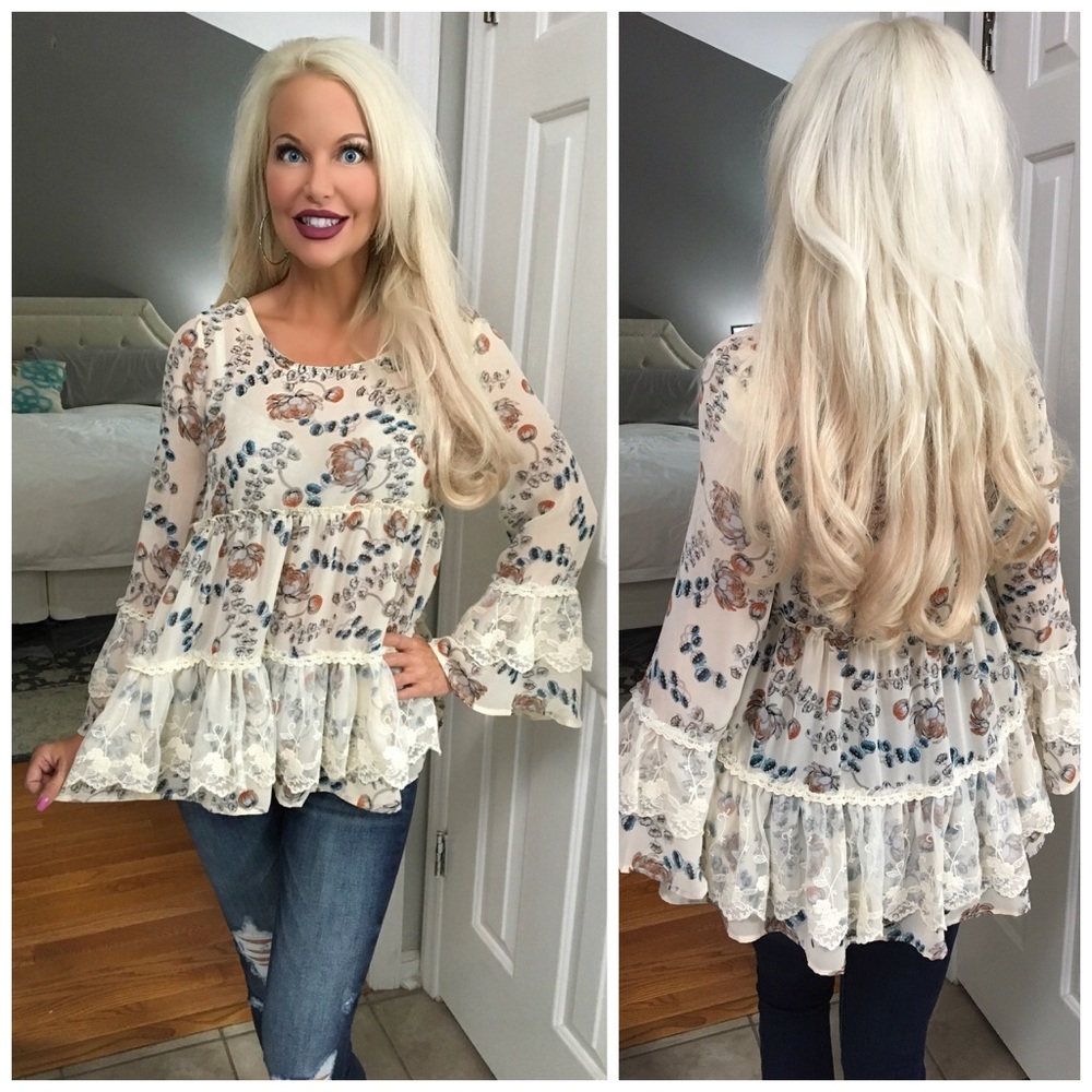 😊LAST 1! Oatmeal Ruffled Lace Floral Tunic! - Picture 2 of 5